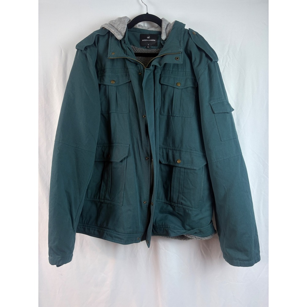 Ween Charm Mens Military Field Jacket Teal Green Fleece Lined Hooded 2XL